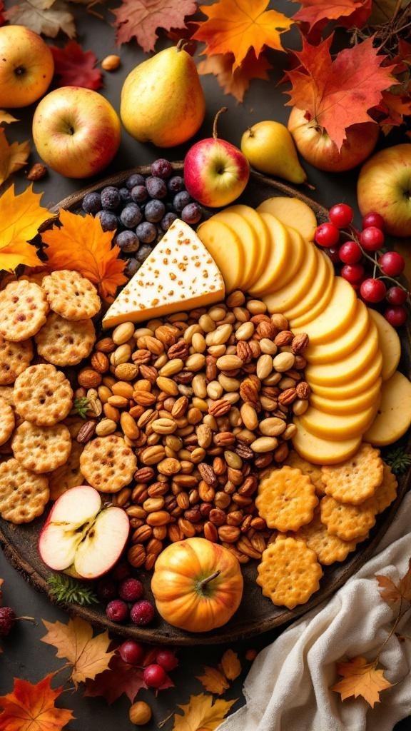A beautifully arranged autumn harvest charcuterie board featuring apples, pears, nuts, cheeses, and seasonal decorations.