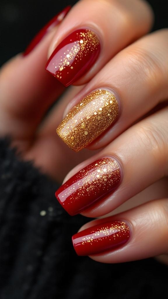 Nail design featuring a red base with a gold glitter gradient