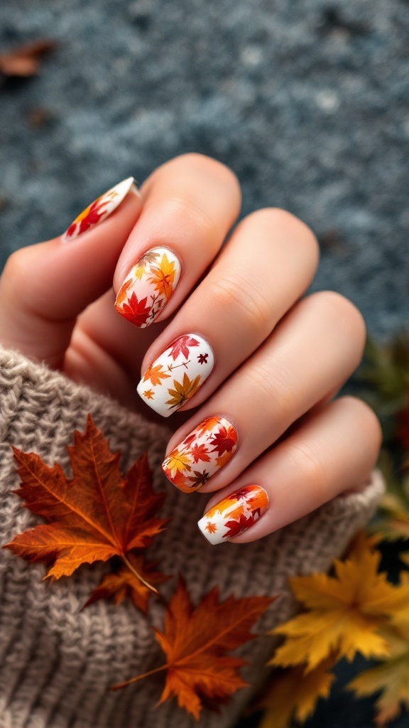Autumn themed French tip nails with colorful leaves