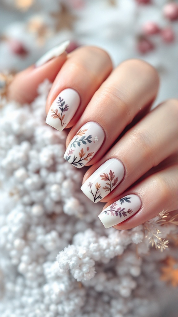 Nails with delicate floral patterns in soft colors, surrounded by decorative elements.
