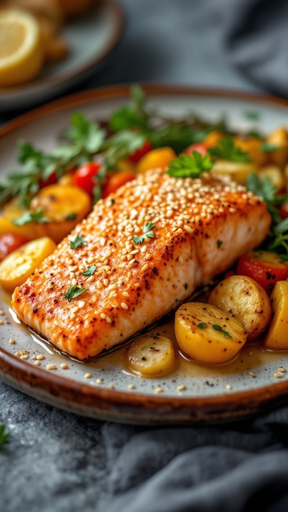 A plate of sesame crusted salmon with colorful vegetables, garnished with parsley.