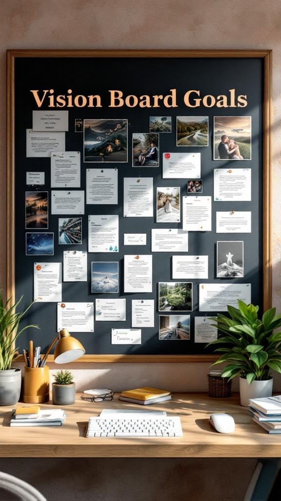 A vision board with motivational quotes and scenic images, symbolizing goal setting.