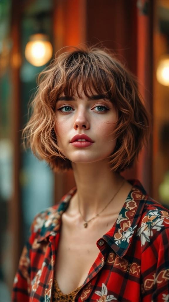 A woman with a shaggy short hairstyle and bangs, wearing a floral shirt, looking stylish and confident.