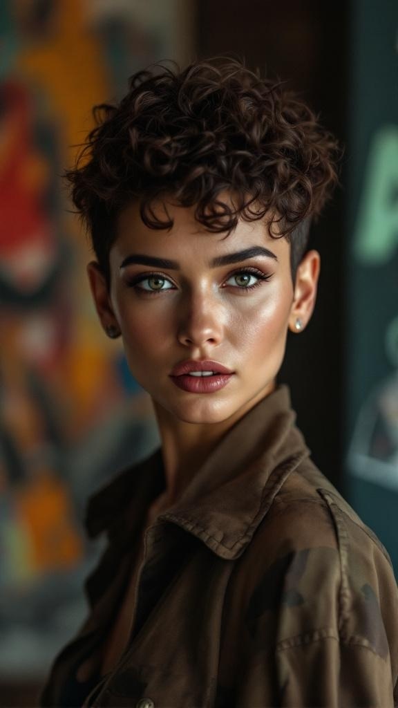 A woman with a short curly pixie hairstyle, showcasing defined curls and a stylish look.