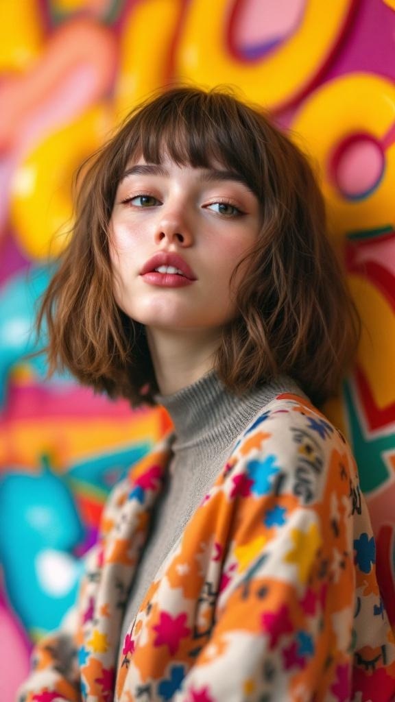 A young woman with short fringe bangs, wearing a colorful floral cardigan against a vibrant background.
