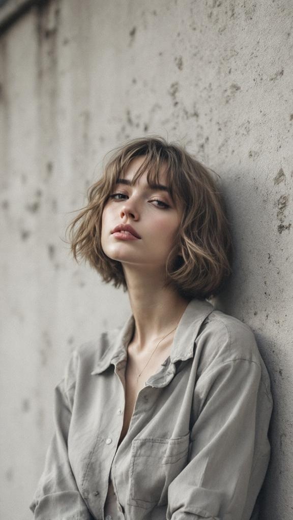 A woman with a short layered haircut, looking stylish and relaxed against a textured wall.