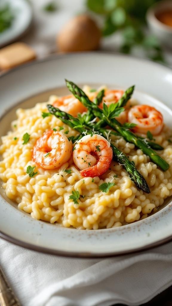 A delicious plate of shrimp and asparagus risotto topped with shrimp and asparagus spears.
