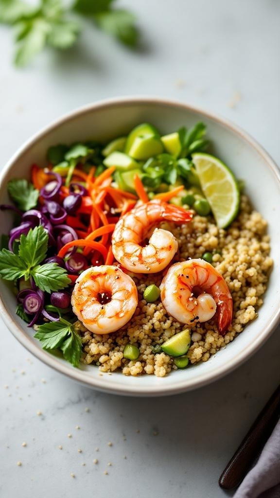A colorful Shrimp and Quinoa Bowl with garlic dressing, featuring shrimp, quinoa, and fresh vegetables.