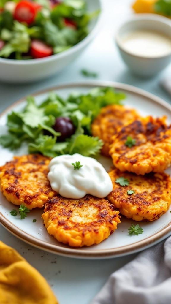 Plate of shrimp and sweet potato cakes with yogurt and salad on the side