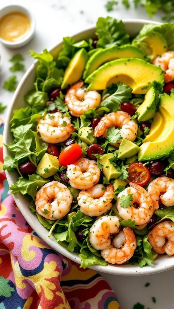A colorful shrimp avocado salad with lime vinaigrette, featuring shrimp, avocado slices, cherry tomatoes, black beans, and mixed greens.