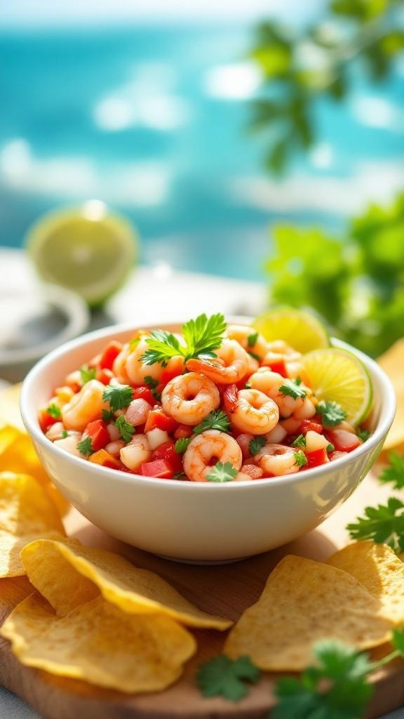 A bowl of shrimp ceviche with lime and cilantro, served with tortilla chips.