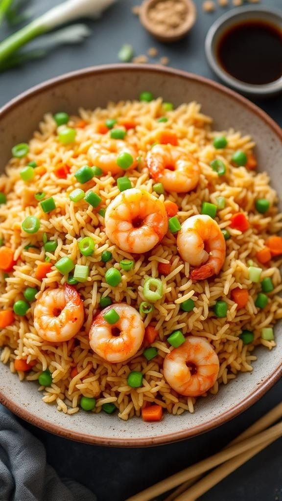 A bowl of shrimp fried rice with peas and carrots, garnished with green onions.