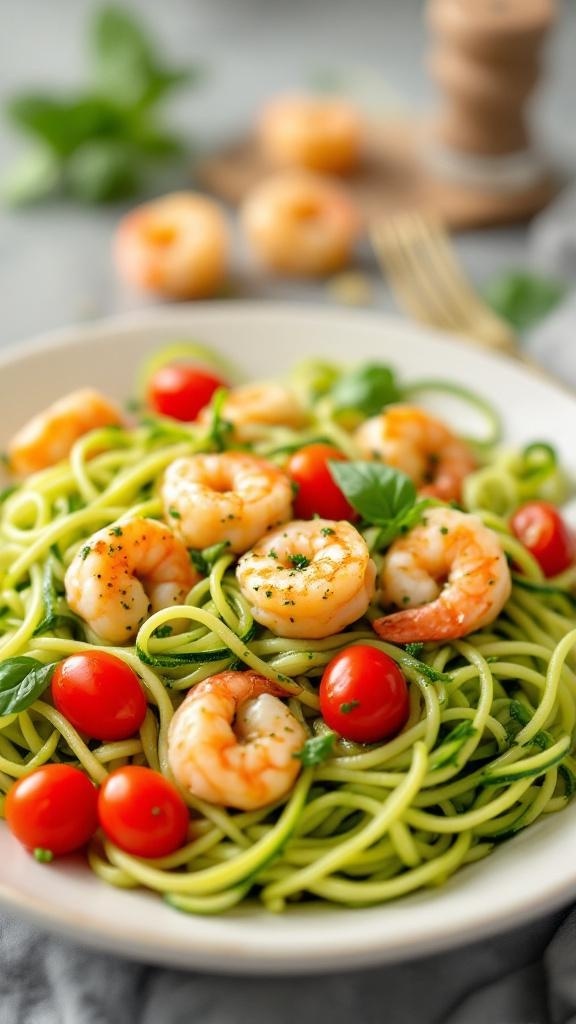 A bowl of Shrimp Pesto Zoodles with shrimp, cherry tomatoes, and zoodles topped with fresh basil.
