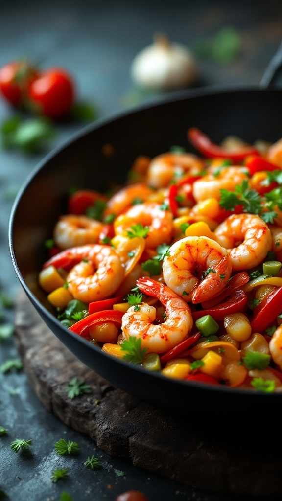 Shrimp stir-fry with colorful vegetables in a skillet