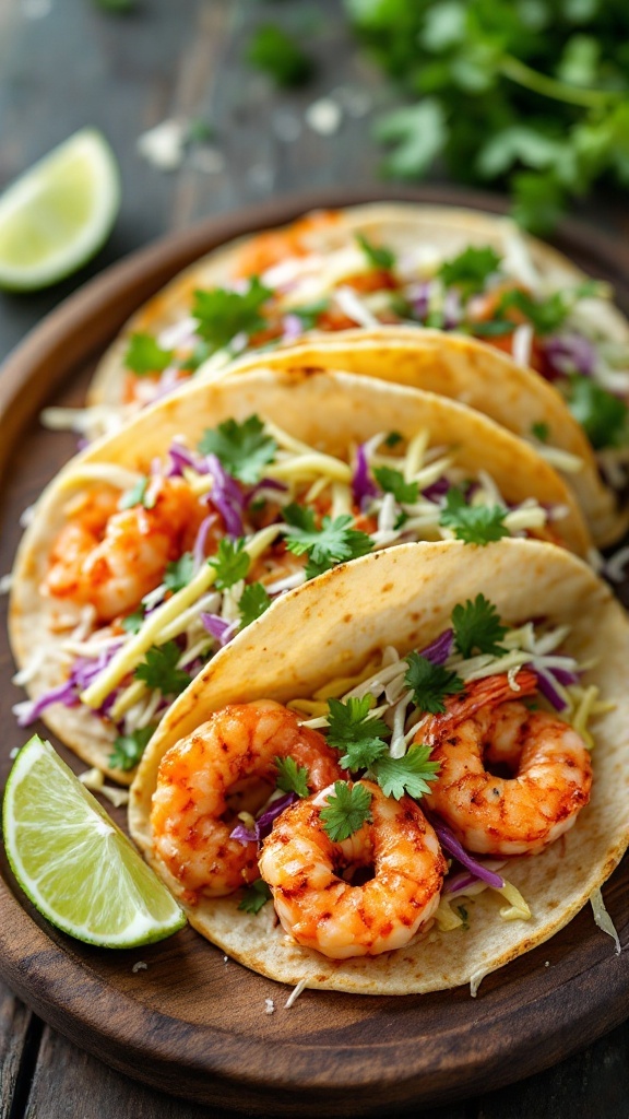 Shrimp tacos with cabbage slaw and lime wedges on a wooden plate.
