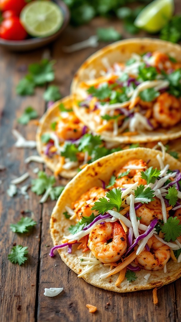 Shrimp tacos with cabbage slaw on wooden table