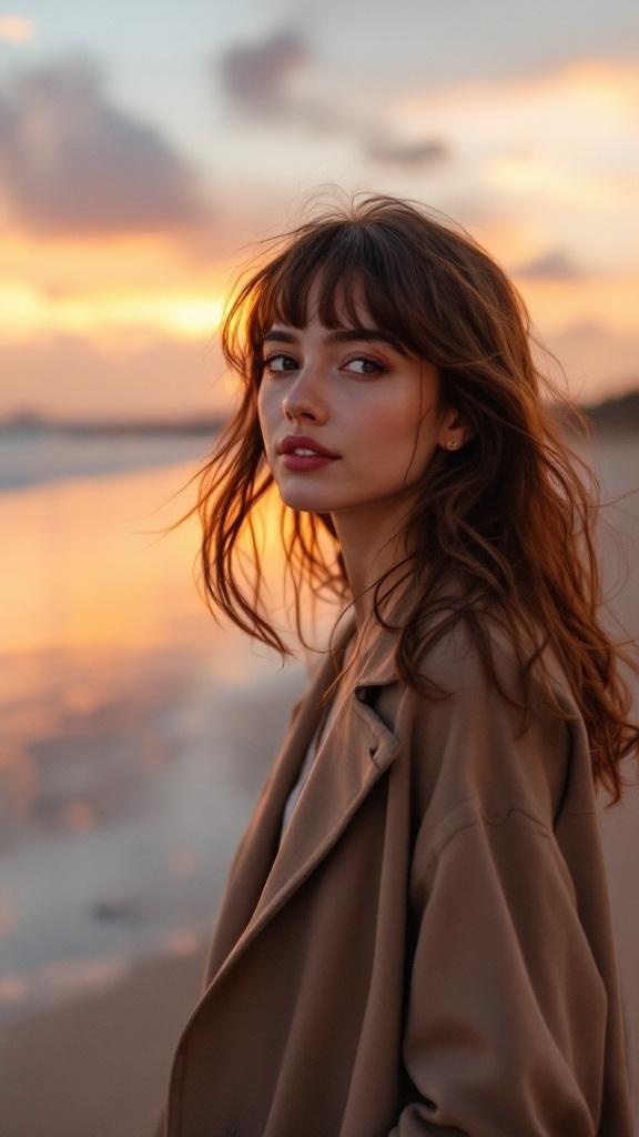 A woman with side-swept bangs and loose waves, standing by the beach during sunset.