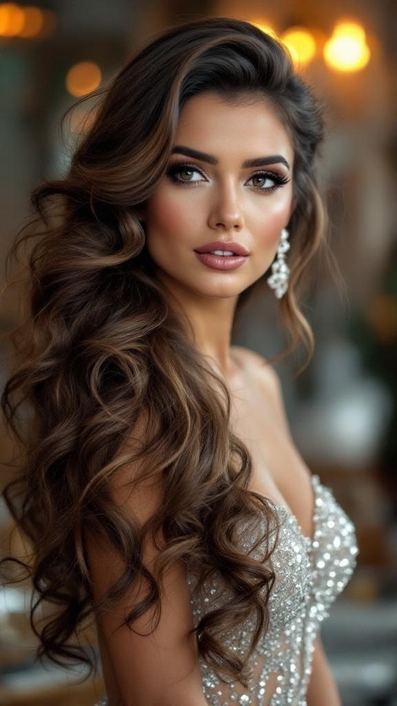 A woman with long, side-swept curls, wearing a sparkling dress and elegant earrings.