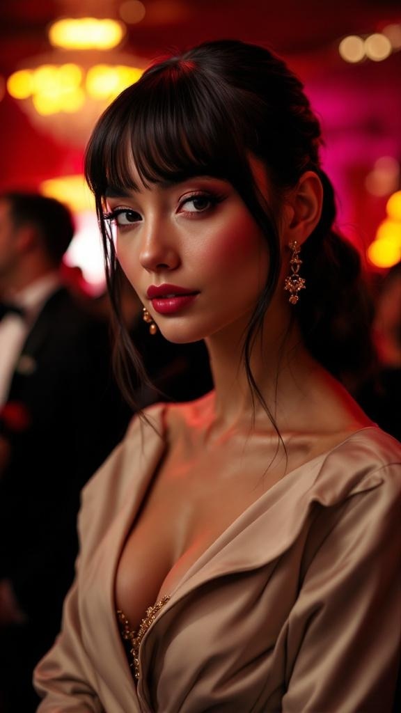 Woman with side-swept curtain bangs, wearing elegant earrings and a stylish outfit