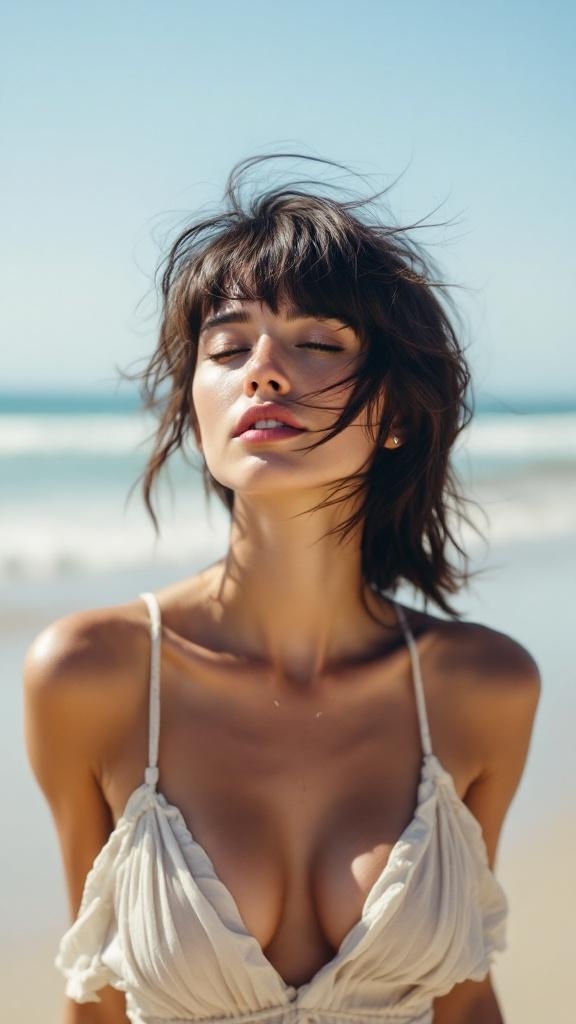 A model with side-swept wispy bangs, relaxed hair, and a beach background.