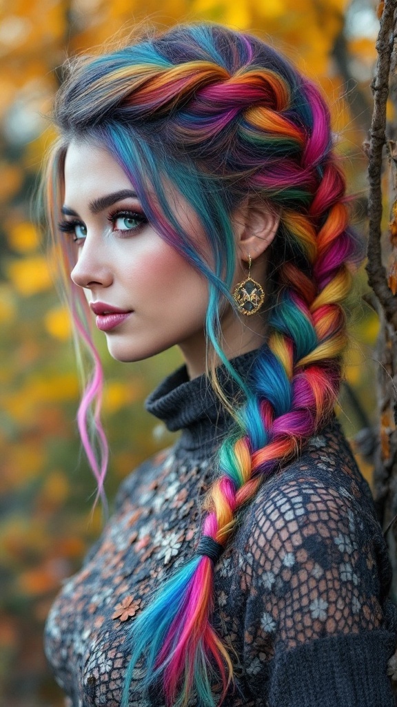 A side braid featuring colorful highlights, showcasing vibrant hues against a blurred autumn background.