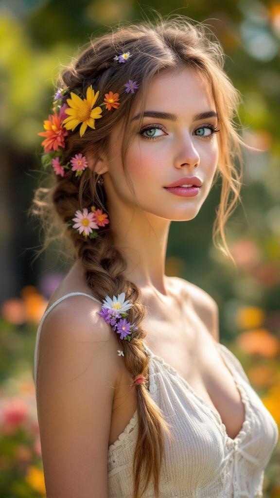 A young woman with a side braid decorated with colorful flowers, showcasing a soft and romantic hairstyle.