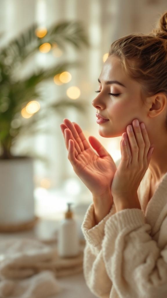 A woman in a cozy robe applying skincare with a serene expression, surrounded by soft lighting and greenery.