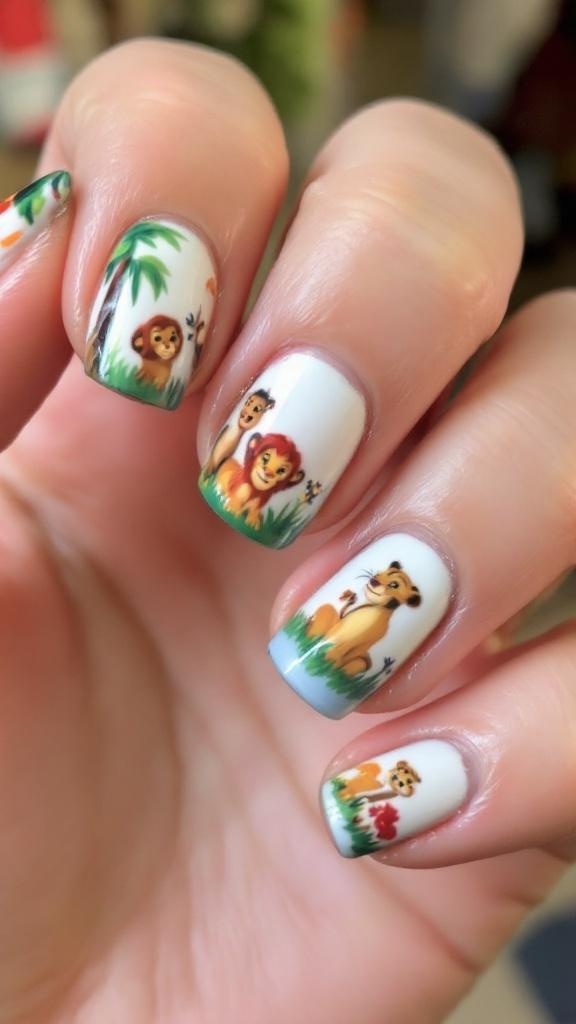 Nail design featuring Simba and friends in a jungle scene
