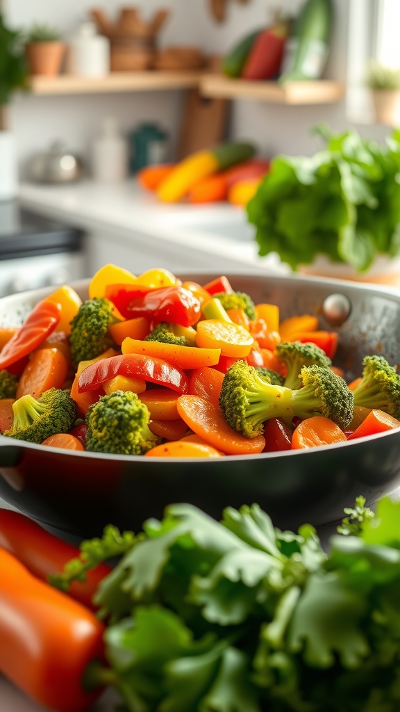 A colorful veggie stir-fry with broccoli, bell peppers, and carrots in a skillet.