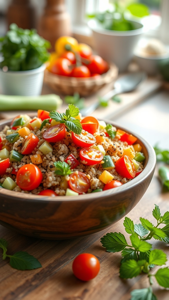 A colorful quinoa salad with cherry tomatoes, cucumber, and bell pepper in a wooden bowl.