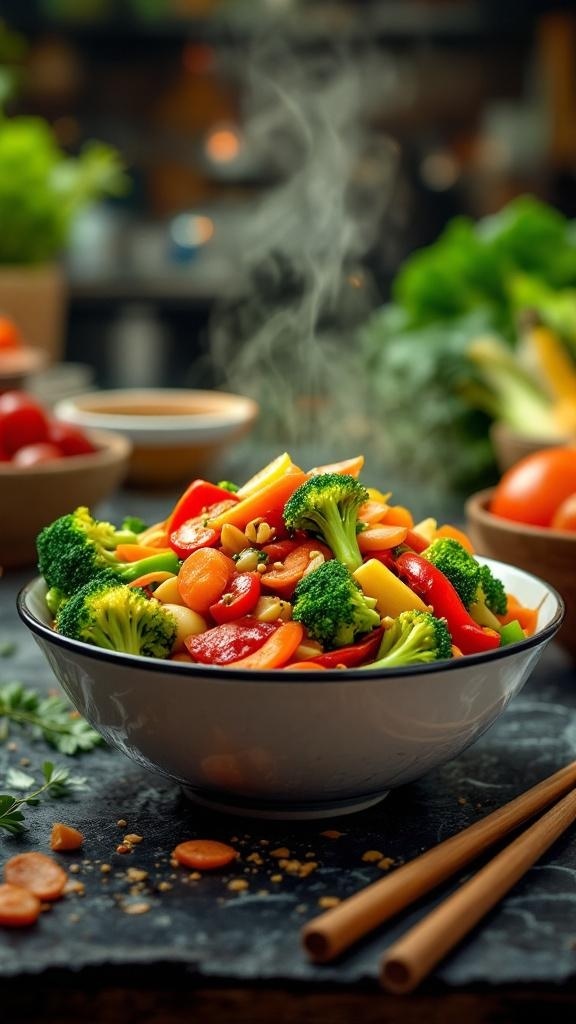 A colorful veggie stir-fry with broccoli, bell peppers, and carrots in a bowl.