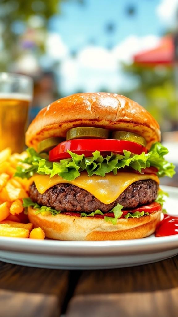 A delicious beef burger with cheese, lettuce, tomato, and pickles on a plate with fries.
