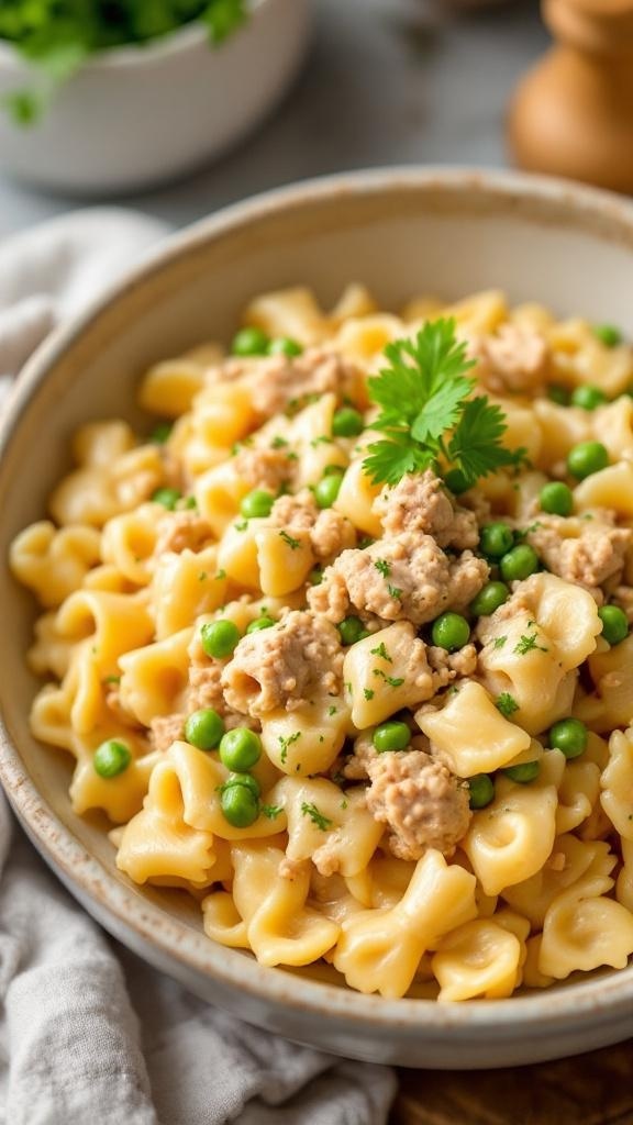 A bowl of one-pot tuna pasta with peas and a sprinkle of parsley
