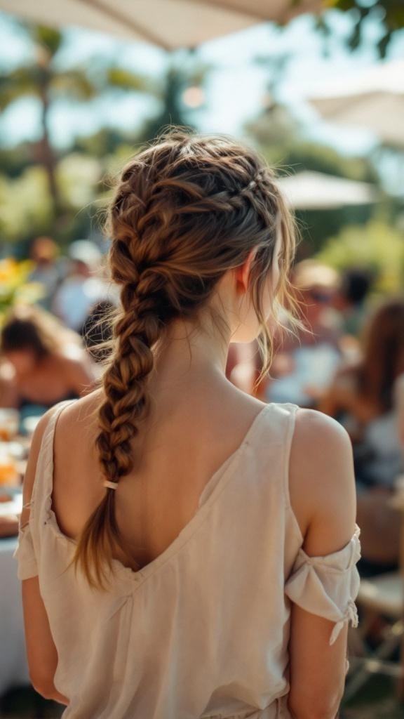 A woman with a braided ponytail, showcasing a stylish and casual hairstyle.