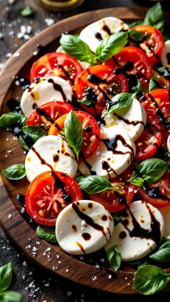 A colorful Caprese salad with fresh mozzarella, tomatoes, and basil drizzled with balsamic glaze.