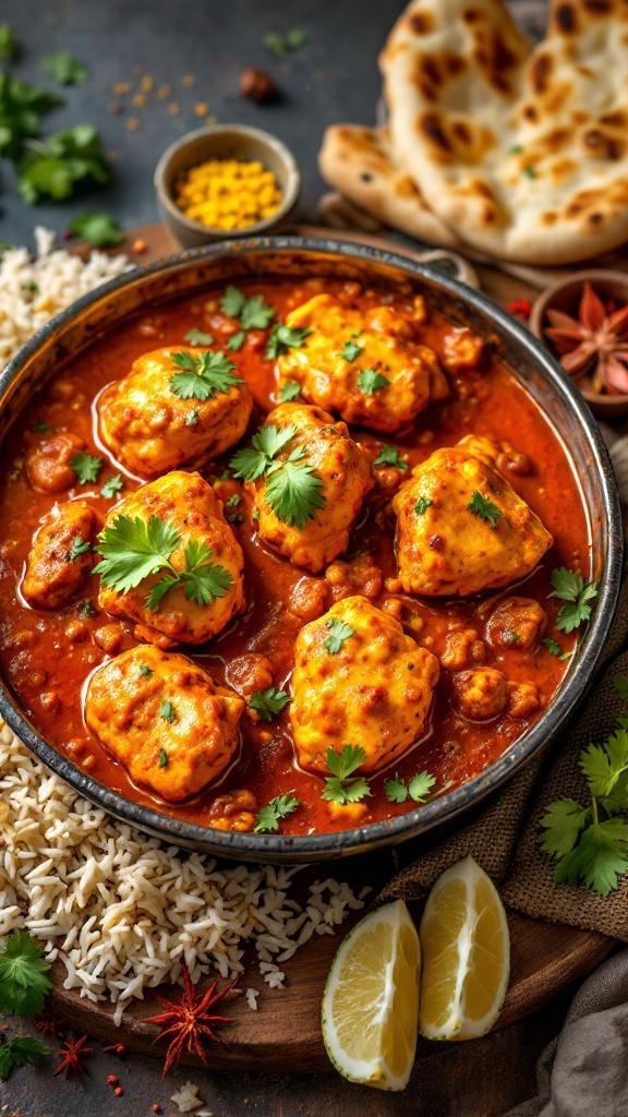 A bowl of Chicken Tikka Masala with rice and naan, garnished with cilantro.