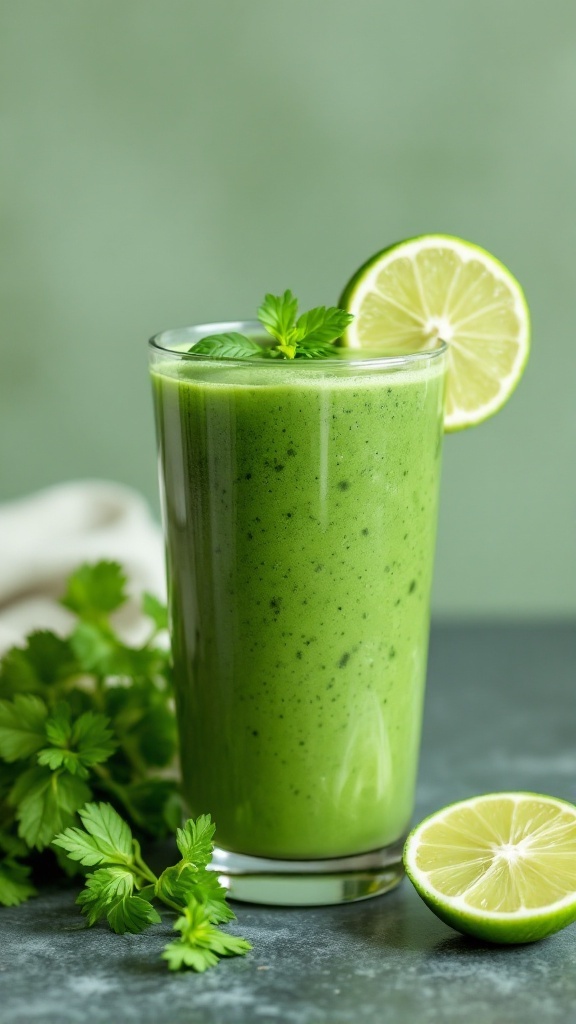 A green detox smoothie in a glass with fresh ingredients