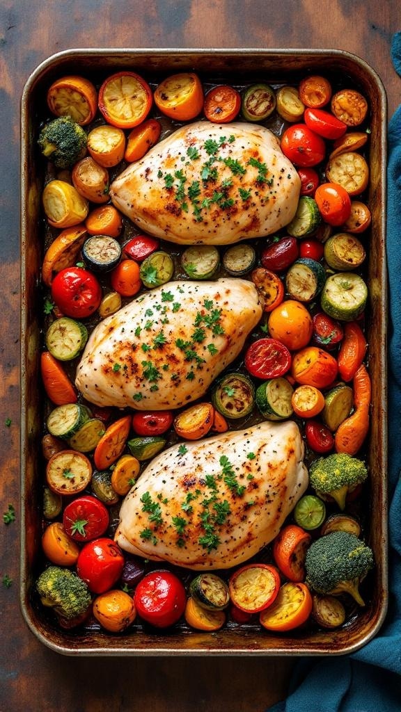 A pan with chicken breasts and colorful vegetables ready to be cooked.