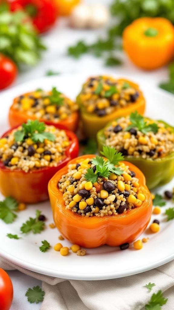 Colorful quinoa and black bean stuffed peppers on a plate, garnished with cilantro.