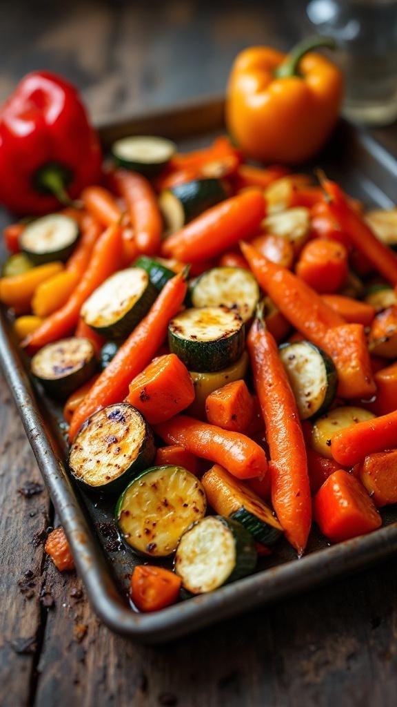 A tray of colorful roasted vegetables including carrots, zucchini, and bell peppers.