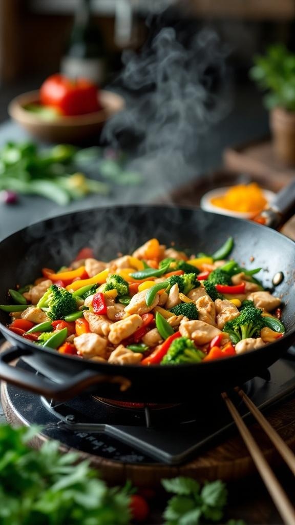 A colorful stir-fry dish with chicken and vegetables in a wok.