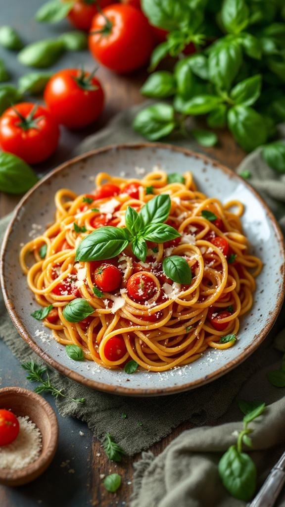 A plate of simple tomato basil pasta garnished with fresh basil and cherry tomatoes.