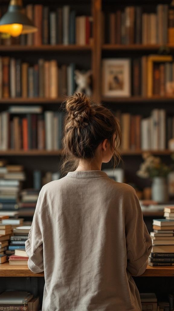 A woman with a twisted updo hairstyle, standing in front of a bookshelf.