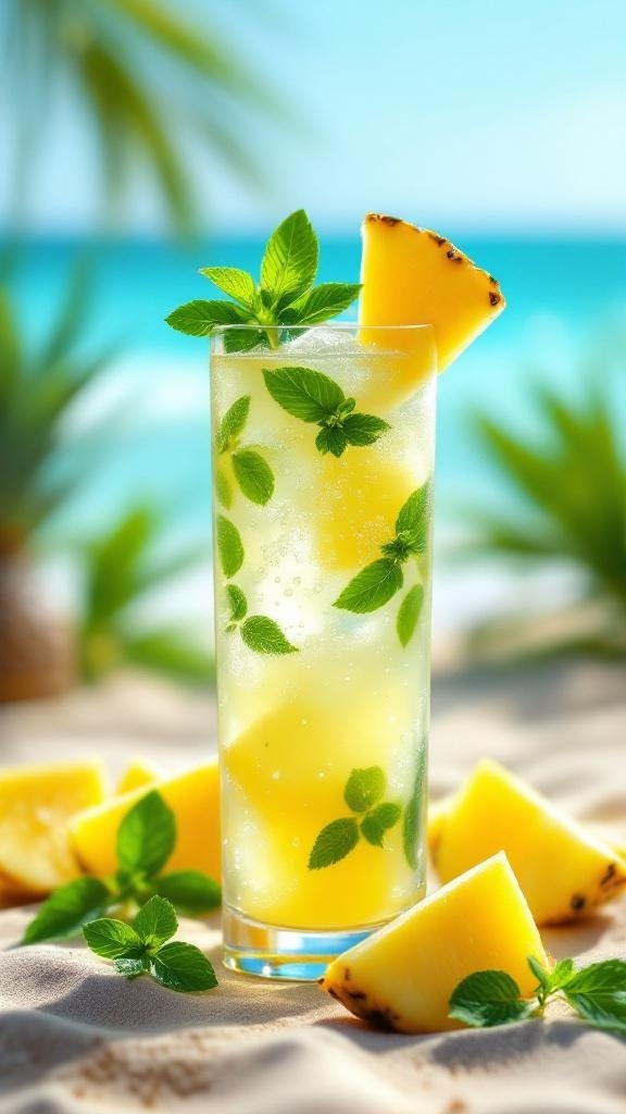 A refreshing tropical drink made with pineapple and mint, served in a tall glass with a slice of pineapple on the rim.
