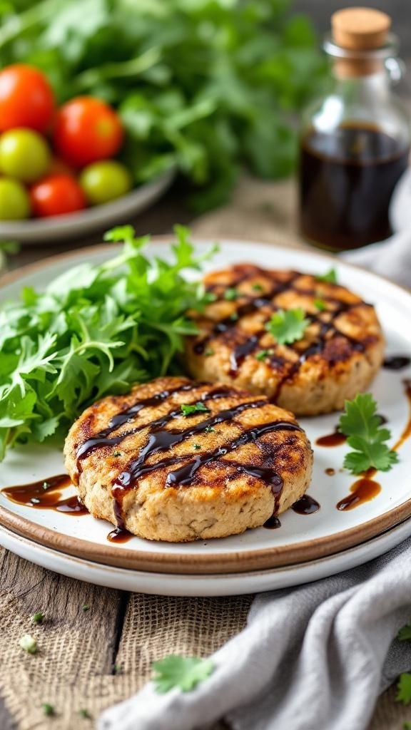 Sizzling Balsamic Glazed Turkey Patties with greens and cherry tomatoes on a plate.