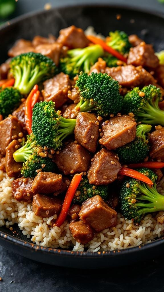 A delicious beef and broccoli stir-fry served over rice, featuring vibrant colors and a savory sauce.