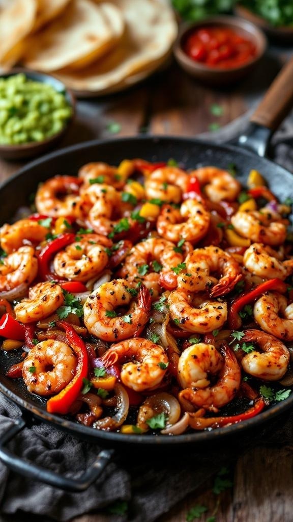 A skillet filled with sizzling shrimp fajitas with bell peppers, garnished with cilantro.