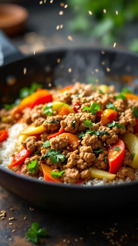 A colorful stir-fry with ground turkey and vegetables in a skillet