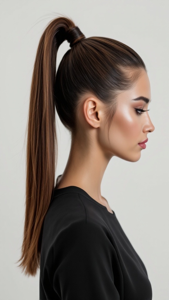 A model showcasing a sleek and polished high ponytail hairstyle.