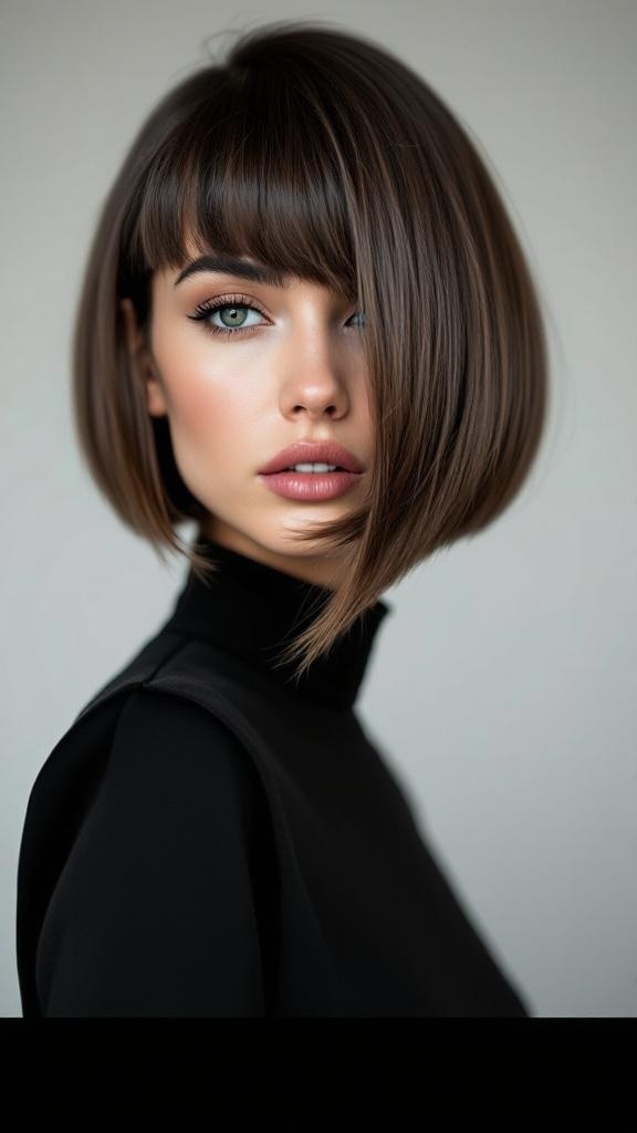 A woman with a sleek bob hairstyle and side part, showcasing elegance and modern style.